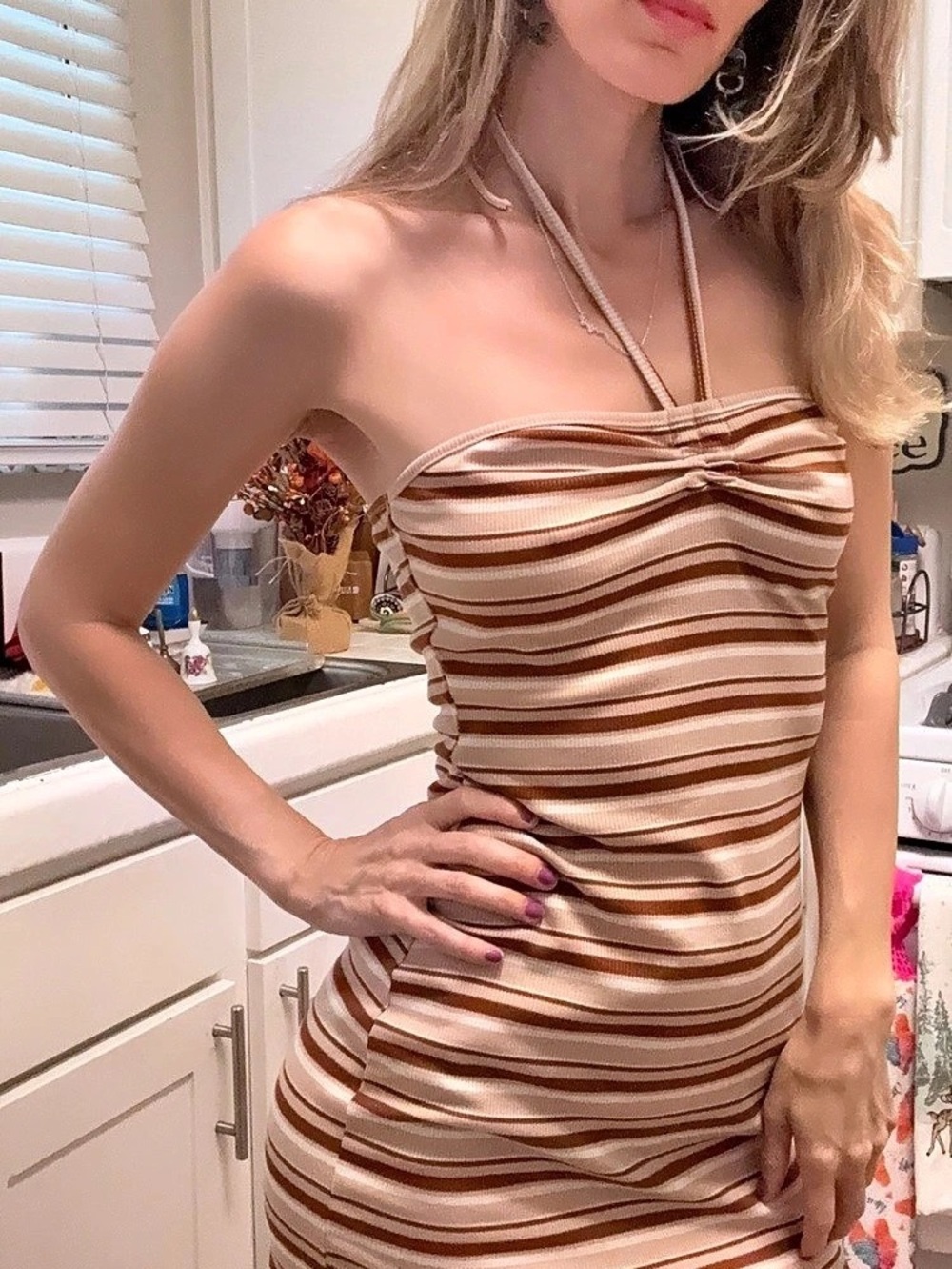 Striped Mini Dress in Brown & White Like New - Picture 8 of 8